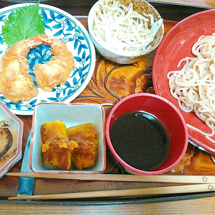 えび天&かぼちゃ煮&野菜の冷やし大麦蕎麦セット